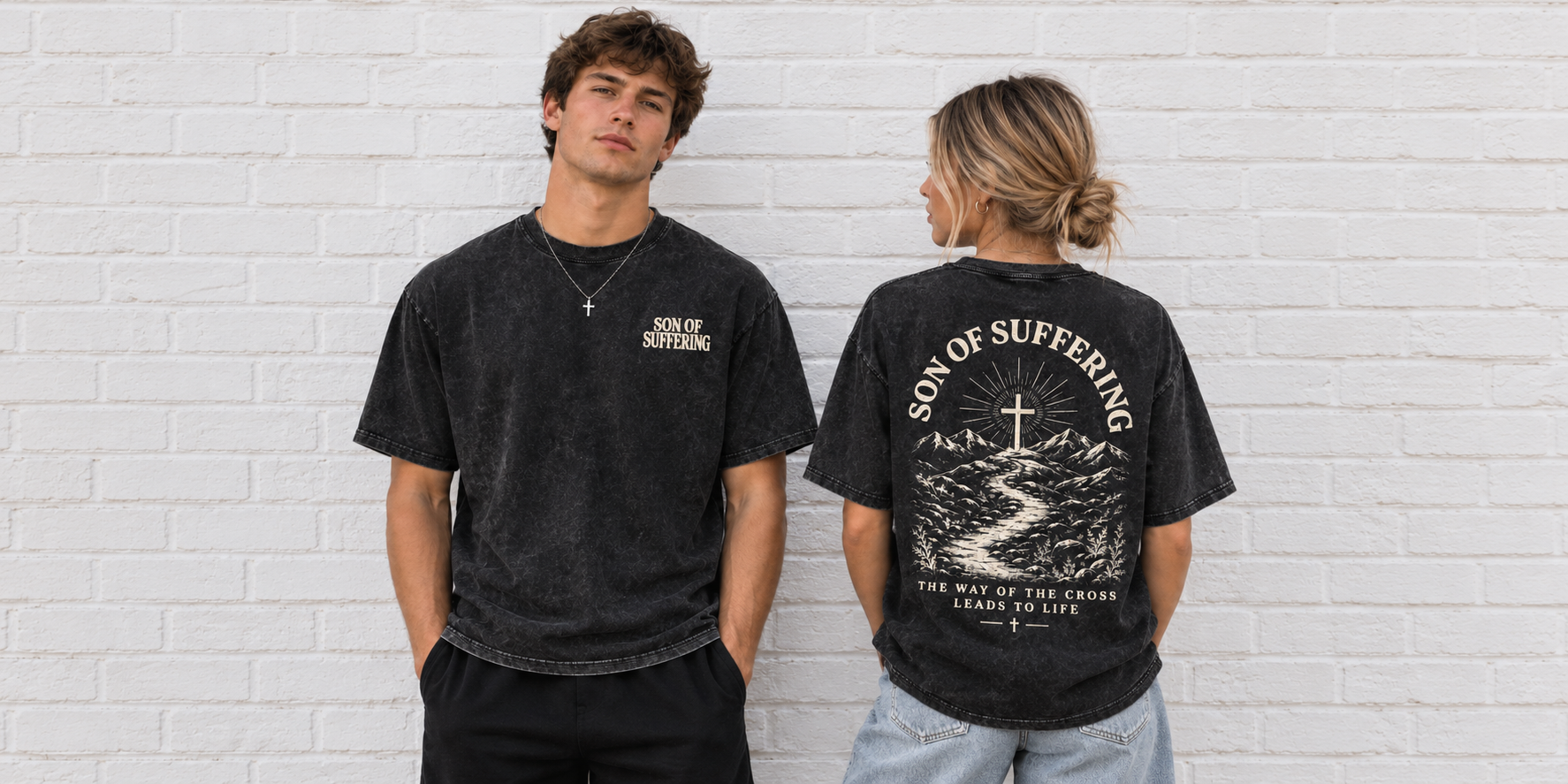 Two people wearing minimal neutral apparel against a plaster wall