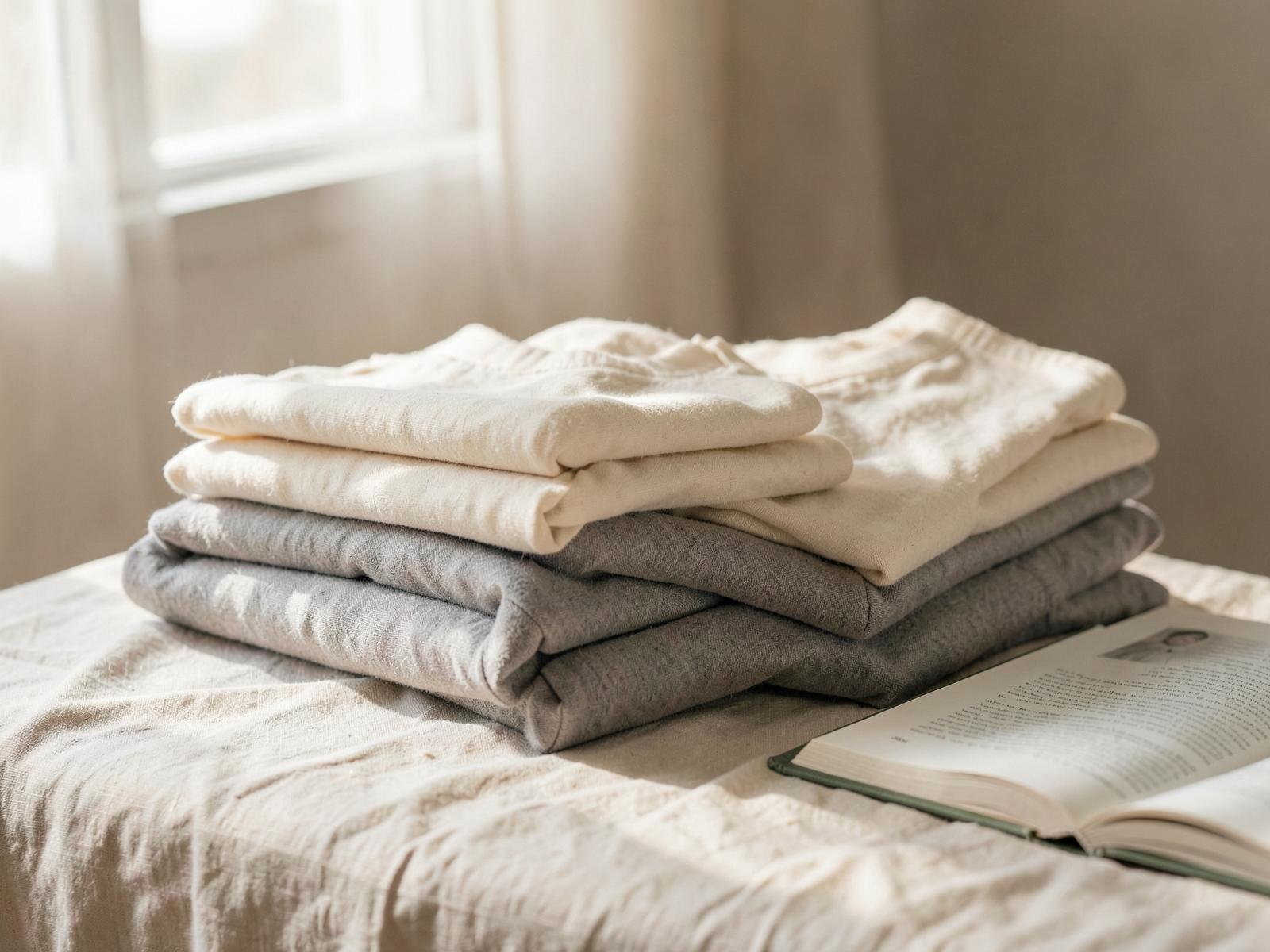 Folded neutral garments beside an open Bible in natural light